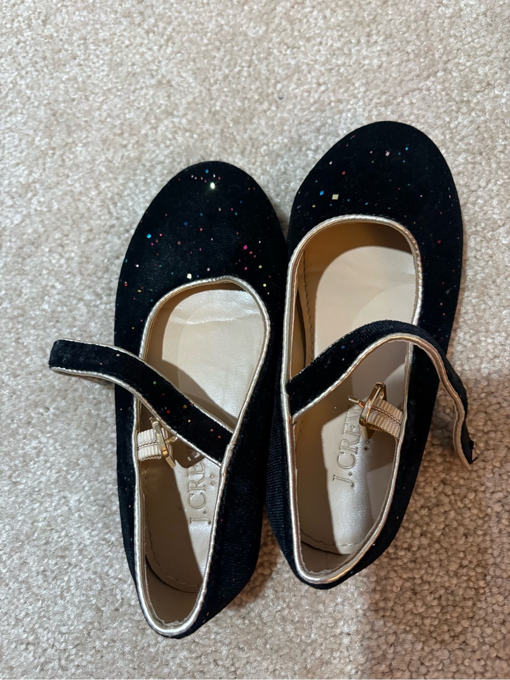 J. Crew Girls' Black Glitter Mary Jane Flats with Gold Trim